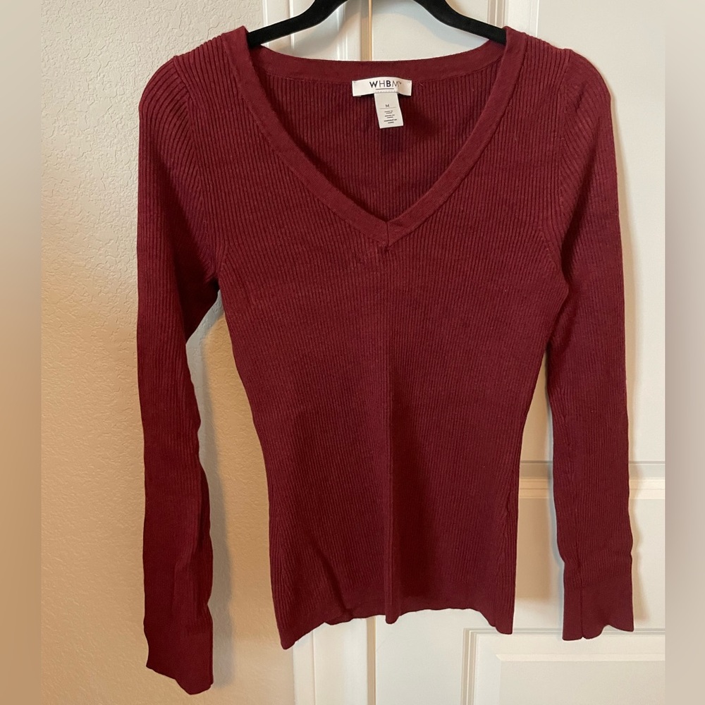 WHBM Maroon V-Neck Ribbed Sweater